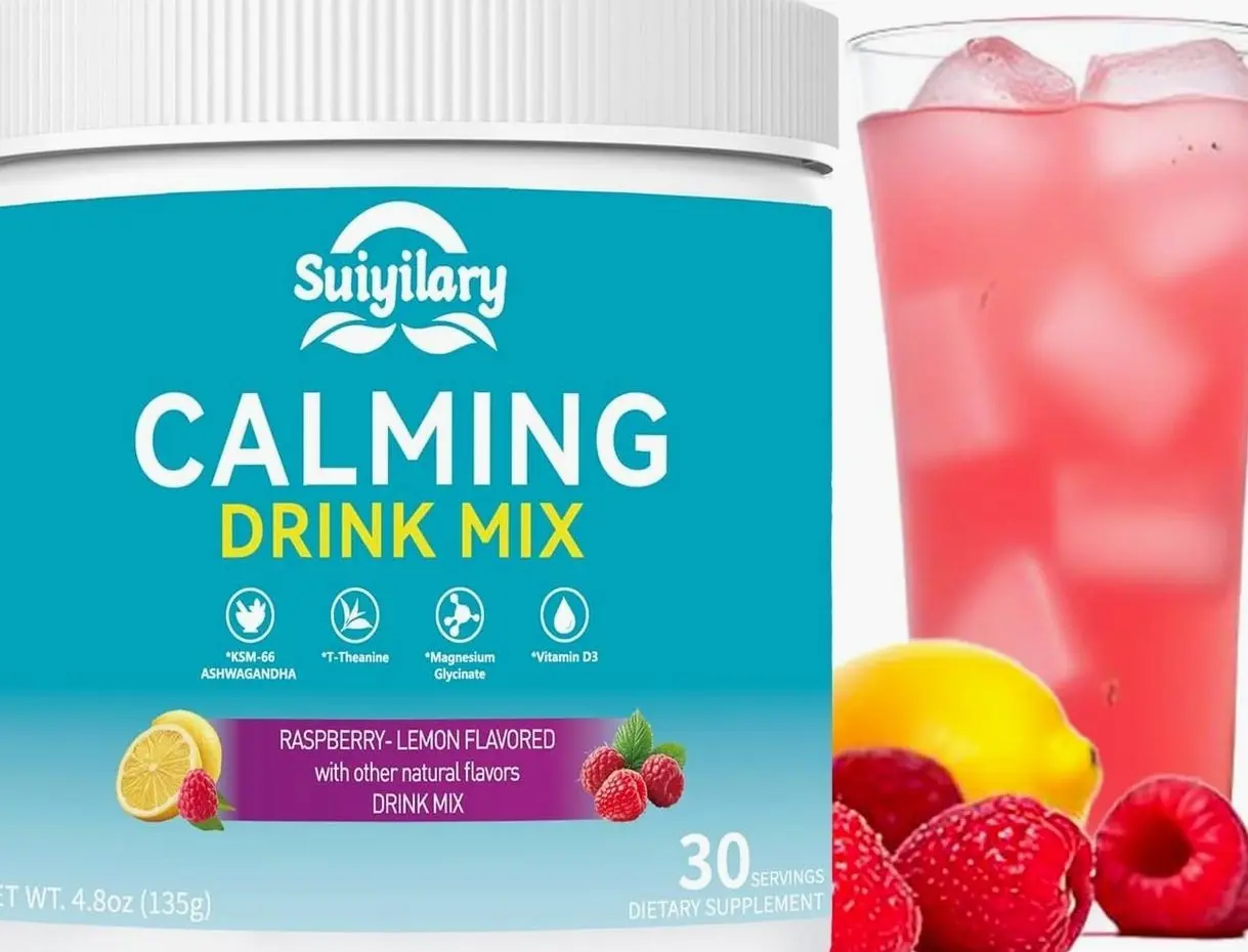 Calm Magnesium Powder, Cortisol Supplements Drink Mix No Sugar for L-Theanine, KSM66 Ashwagandha, Magnesium Glycinate, Vitamin D3, Relaxation, Focus, Raspberry Lemonad, 30 Servings