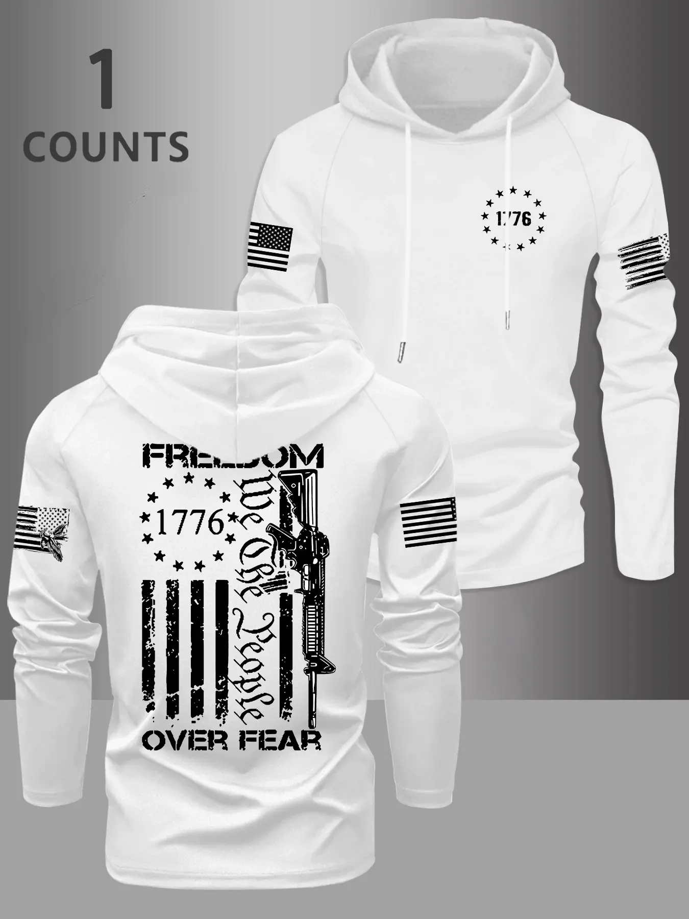 Men's Flag Print Hooded Long Sleeve Fitted T-Shirt, Casual Daily Wear, Casual Comfy Streetwear, Fashion Outdoor Clothing, Versatile and Stylish Top, Graphic Streetwear Clothing