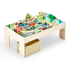 Train Table, 84 Multicolor Pieces Wooden Kids Activity Table with Collapsible Storage Bin, 3-in-1 Wooden Train Set for Gaming, Drawing, Reading, Eating, Creative Toy Set for Kids Ages 3+