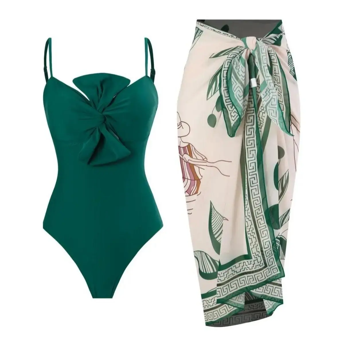 Women's 2026 Summer Elegant Emerald Green Geometric Print 1-Piece Swimwear with Sarong Swimwear Coverups for Beach Vacation, Beachwear Cover Up, Beach Swimsuit Coverup, Full Coverage, Poolside Wear