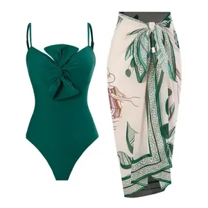 2026 Summer Elegant Emerald Green One Piece Swimsuit with Geometric Print Sarong Cover Up Beach Vacation Outfit