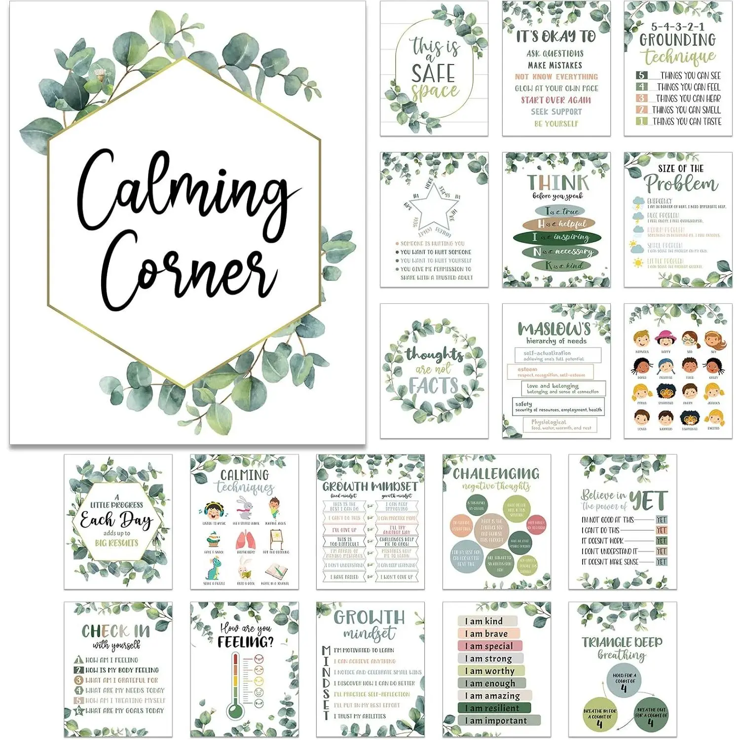 20 count Calming Corner Classroom Posters Mental  Posters  Office Feelings Chart Home  Elementary Classroom Educational Decorations for Teachers (Greenery)