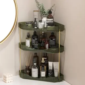 3-Tier Green Plastic Corner Bathroom Accessory Organizer - Countertop Storage Shelf for Bathroom Vanity, Bedroom Makeup & Skincare, Cologne Storage
