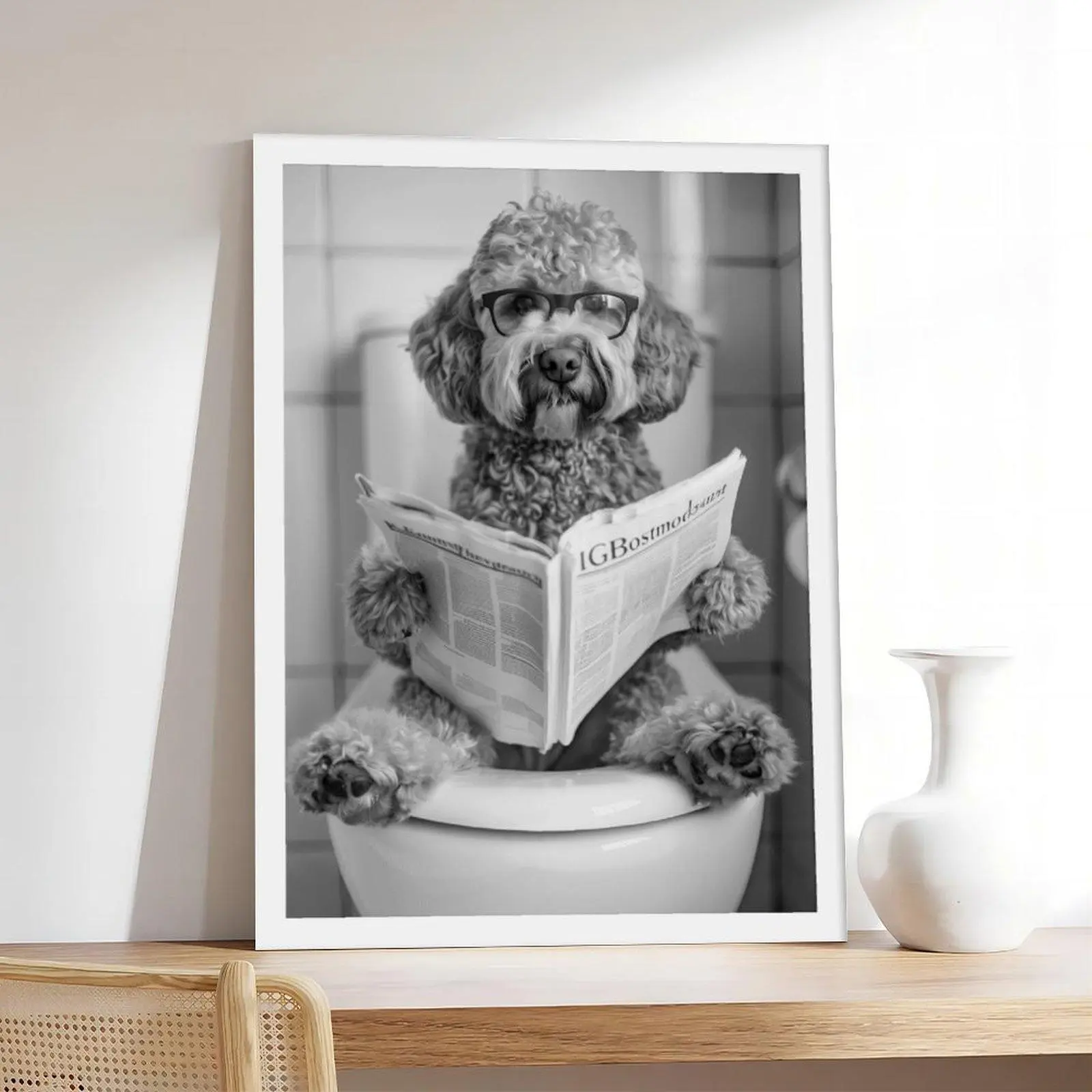Artistic Labradoodle Bathroom Canvas Print - Decorative Indoor Office Warm Dog Reading Newspaper Minimalist Neutral-Style Poster, Varied Sizes, High-Quality Printing, Home Decor Gift for Animal Lovers, Bedroom, Indoors