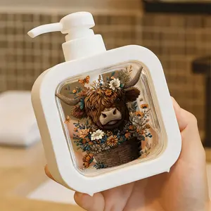 Creative Bathroom Dispenser with Hand Pump - Whimsical Highland Cow in Basket, Autumn Floral & Butterfly Art, Brown Orange Green Fairytale Design, For Soap Lotion
