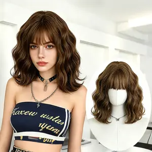 Lotfon Women's short curly Ash Brown non-adhesive synthetic wig, adjustable head circumference, comfortable fit, easy to wear, ready to wear and go, easily achieve a fashionable look