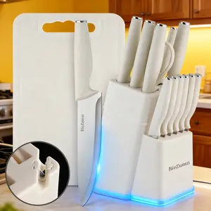 BieZumn Kitchen Knife Set with Block and Cutting Board,White 15 PCS Kitchen Knife Set with Block,Stainless Steel Serrated Steak Knives Set,Premium Kitchen Knife for Effortless Cutting