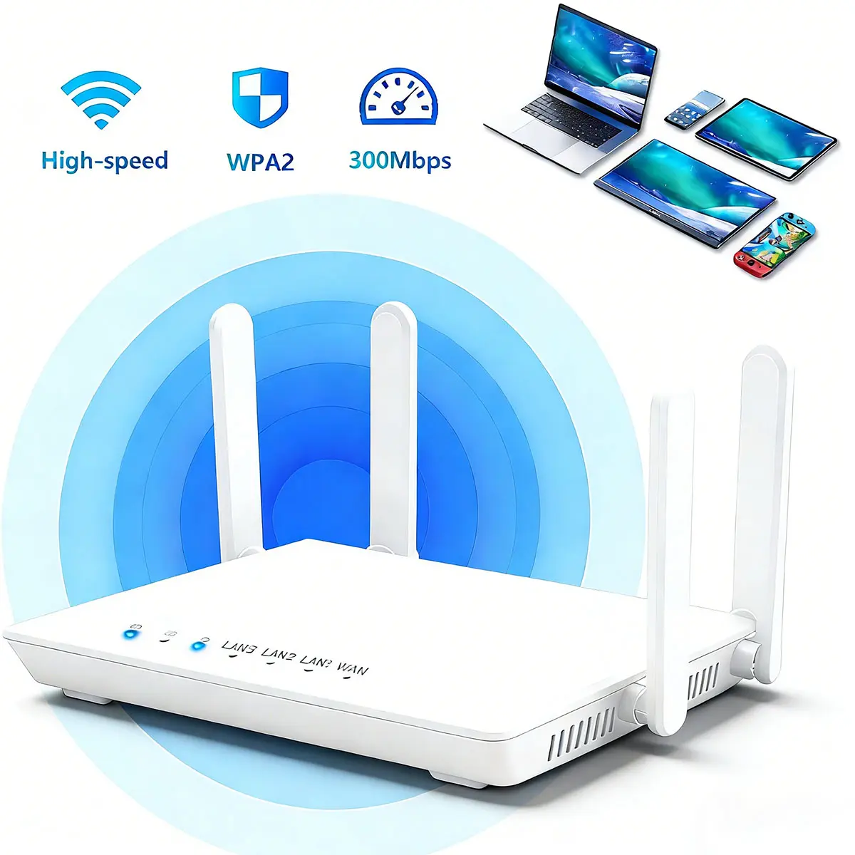 2.4GHz WiFi Router with 4-Antenna, Routers for Wireless Internet, Whole Home Coverage up to 1,200 Sq. ft and 50 Devices, Wireless Router for Home Gaming, Streaming & Business, WPA2 Security, Easy Setup