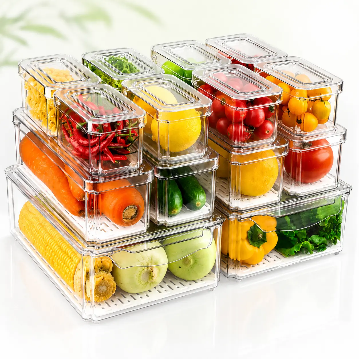 14 Pack Stackable Refrigerator Organizer Bins with Lids, BPA-Free Food-Safe Stacking Food Containers for Produce, Kitchen Appliances, Refrigerator Accessories, Organizer Storage