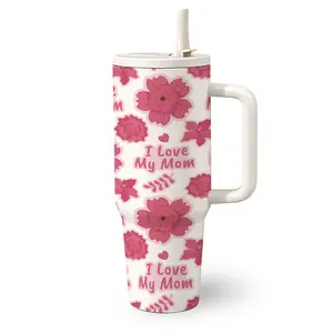 1 Pc 40 Oz Stainless Steel Water Cup with Handle and Foldable Straw, I Love My Mom Text with Pink Floral Pattern Design, Double Wall Insulated Thermal Mug, Insulated Thermos, Hot 6H/Cold 12H, Vacuum Insulated Tumbler, Mother's Day Gift, Gift for Mom