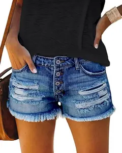 cordat Women's Mid Rise Ripped Stretchy Jeans Shorts Frayed Raw Hem Casual Denim Shorts