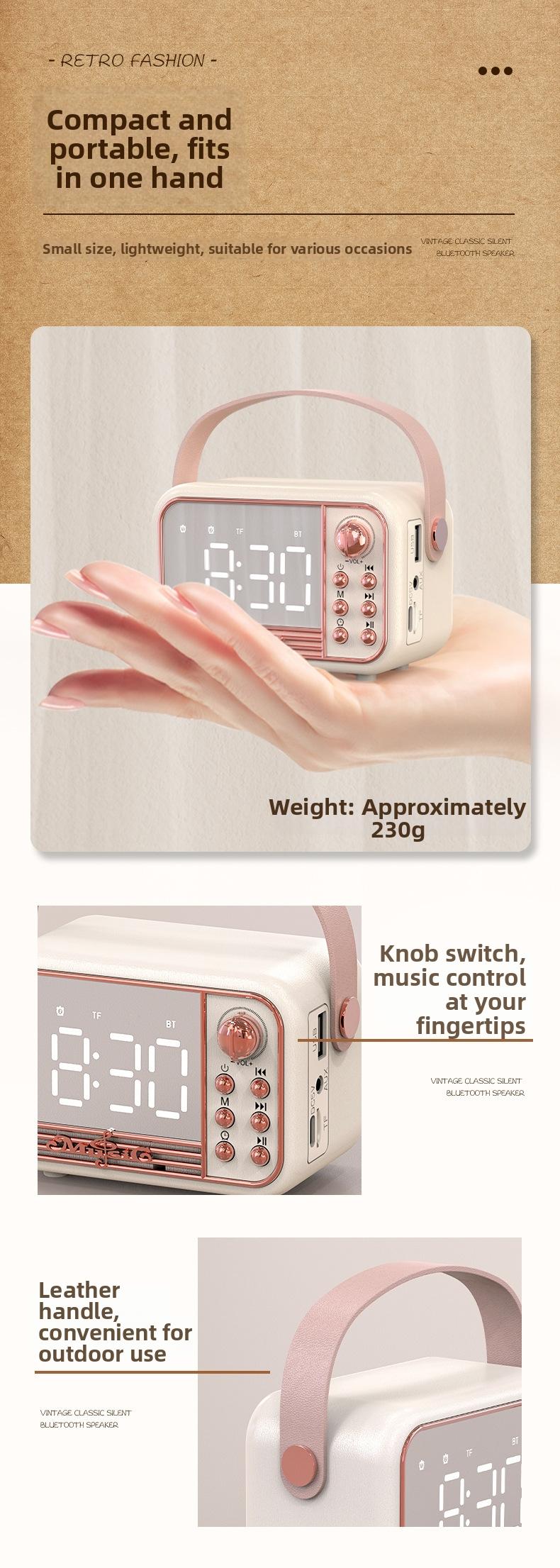 Retro-style wireless Bluetooth-compatible speaker, multi-functional portable mini speaker, time display with alarm setting, home, office, outdoor travel music player, Mother's Day gift