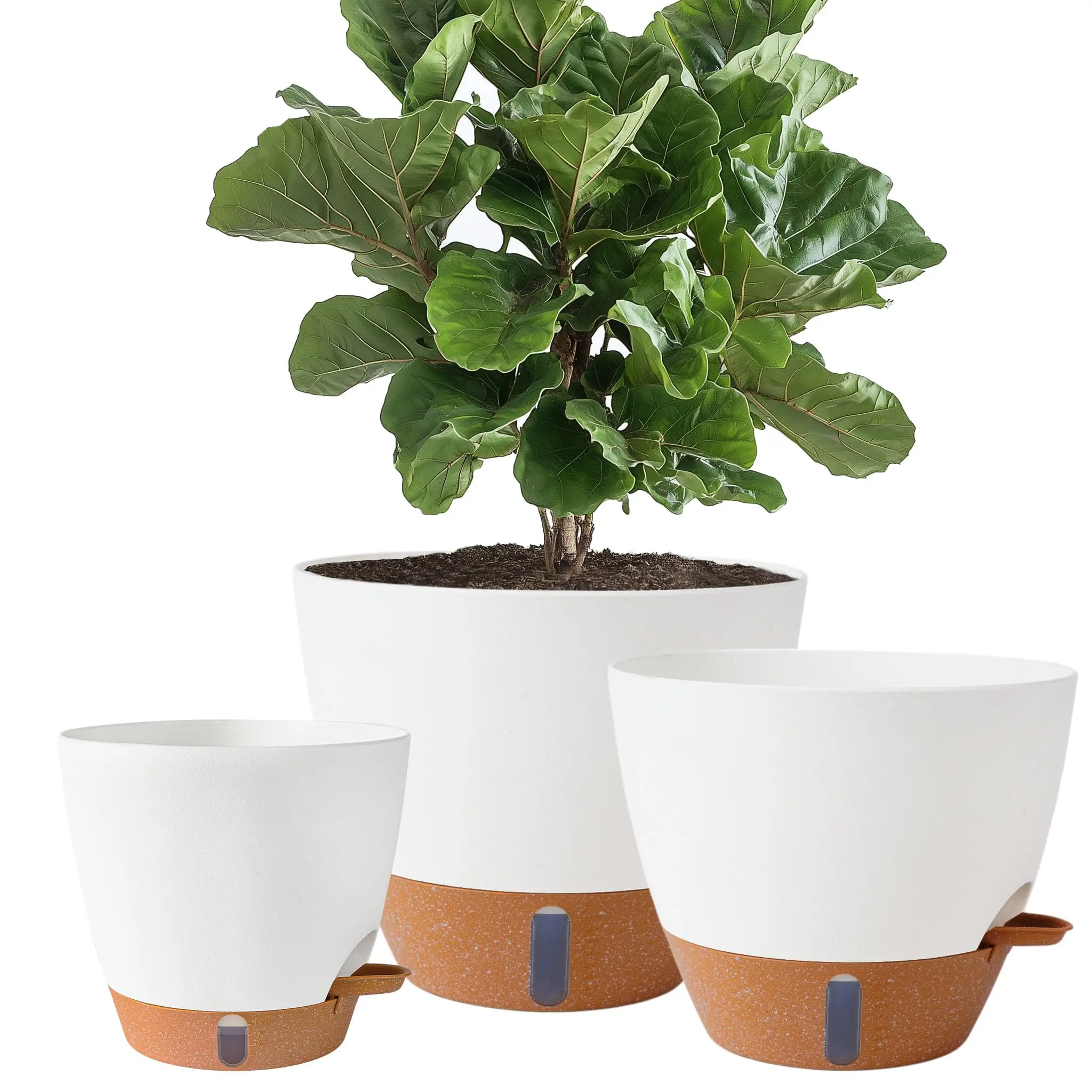 3 Pack Self Watering Pots for Indoor & Outdoor Plants, Large Plastic Planter with Drainage Holes, Water Level Indicator & Deep Reservoir, Modern Decorative Flower Pots