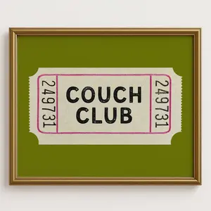 Couch Club Ticket Stub Print, Mid Century Modern Poster, Retro Living Room Wall Art, Vintage Home Decor Illustration, No Frame Poster Prints, Wall Art Room Decor