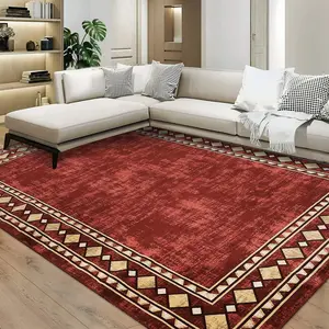 Runner Rug - Modern Bordered Hallway Runner, Washable Stain Resistant Non-Slip Carpet, Minimalist Border Floor Cover for Entryway, Maroon, 8' x 10'