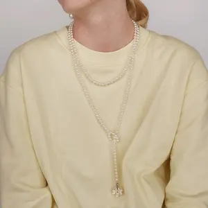 LUMIÈRY JEWELRY　Long Pearl Necklaces for Women Cream White Faux Pearl Strand Layered Necklace Costume Jewelry,Lustrous pearl necklace with flower pendant