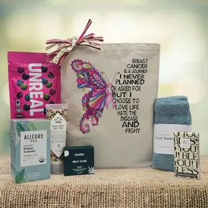 Breast Cancer Journey Gift Basket with Unreal Snacks Allegro Tea Latika Self Care Raw Shea Butter Cozy Socks