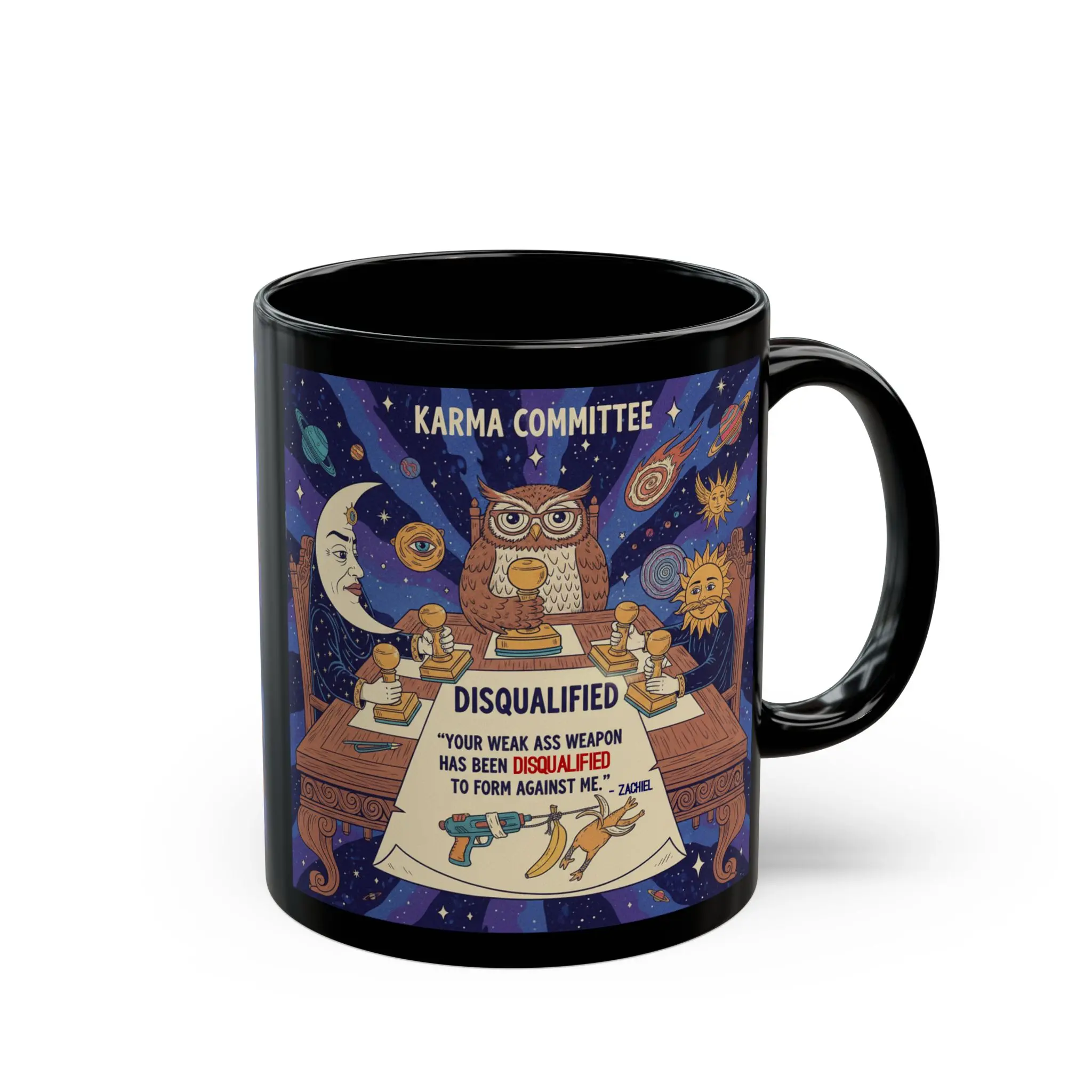 Karma Committee Black Mug - Fun 11oz & 15oz Coffee Cup for Gifts, Humor, Astrology, or Office Decor
