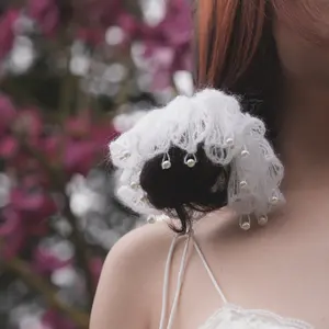 Handmade Silk Mohair Scrunchie - Soft Ocean Inspired Hair Tie with Freshwater Pearl for Stylish Hair Accessory