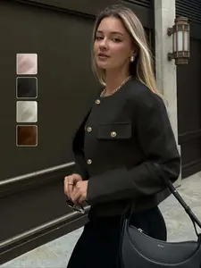 Elegant Women's Plaid Jacket, Spring Round Neck Long Sleeve Solid Color Coat, Fashionable Casual Outerwear for Daily Wear