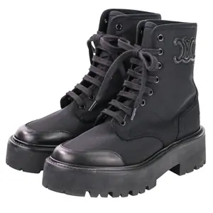 Pre-owned Celine Nylon Small Leather Goods Lace Up Canvas Leather Boots