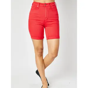 Blue High Waist Red Tummy Control Bermuda Shorts