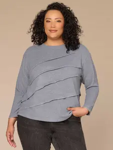 Long Sleeve Boat Neck Pleated Plus Size Knit Top with Overlock
