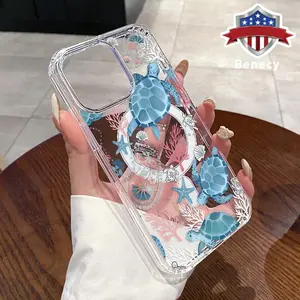 Magnetic Phone Case Supports Wireless Charging for iPhone 15 16 14 Pro Max 13 12 11 XR XS Plus E Ocean Drifters Pattern Non-Yellowing Silicone Transparent Acrylic Large Hole Drop Protective Cover