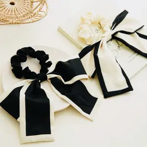 Elegant Hair Scrunchies with Black & White Bow - Soft Fabric for Stylish Hair Ties - Perfect for Everyday Use