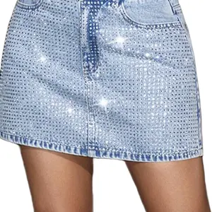 Rhinestone Mini Skirt - Light Blue Denim with Sparkling Rhinestones for Women's Fashion
