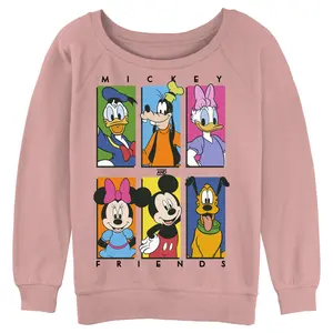 Junior's Mickey & Friends Colorful Character Panels Sweatshirt