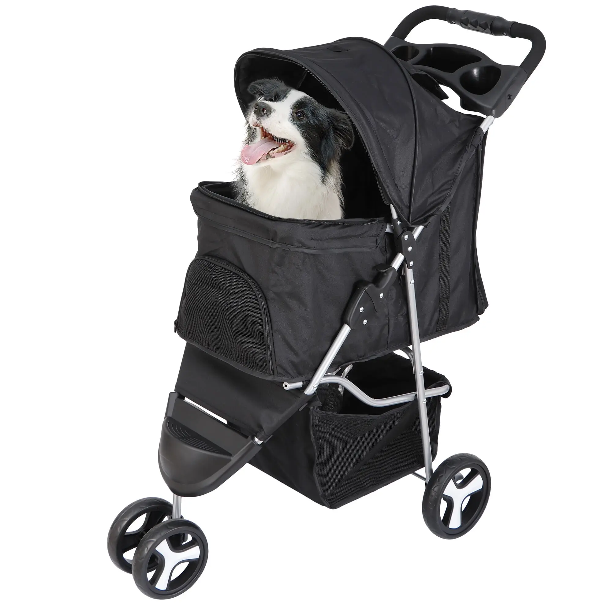 Pet Republic 3-Wheel Portable Foldable Pet Stroller with Storage Basket, Tray - Black Outdoor Carrier for Small Dogs Up to 33LBS