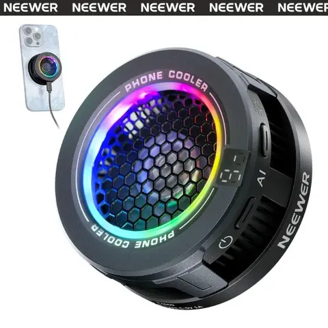 NEEWER PA069 Plastic Magnetic Cellphone Cooler - Handheld Cooling Fan, USB-Powered, 2 Speeds, Low Noise, Smart Temp Ctrl, RGB Light, Magnetic Ring & Clip, MagSafe Compatible with iPhone 15-16 Pro Max, Samsung, iPad, Cool Gaming Gadget (Influencer Tool)