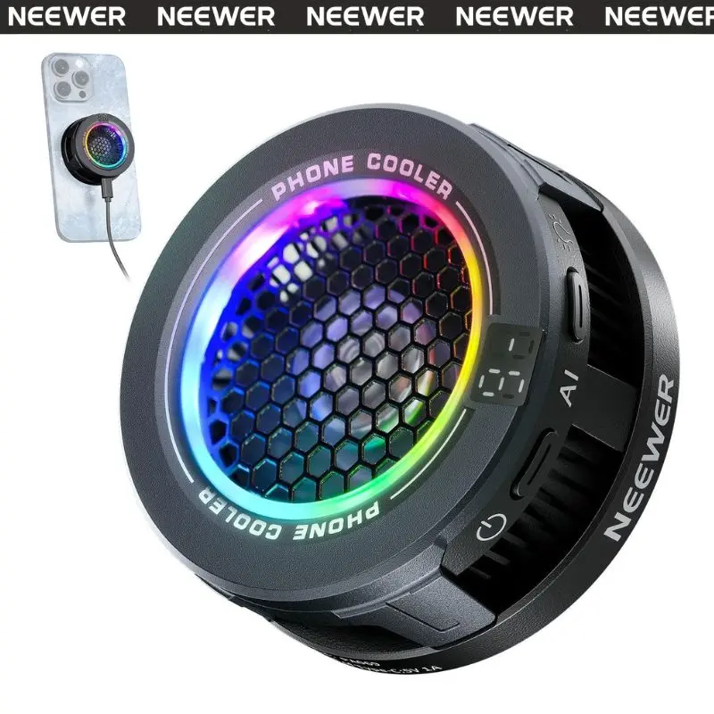 NEEWER PA069 Magnetic Phone Cooler, Low Noise Cell Phone USB Cooling Fan with Smart Temp Control, RGB Light, Magnetic Ring & Clip Compatible with iPhone 15 16 Pro Max MagSafe Samsung iPad for Gaming