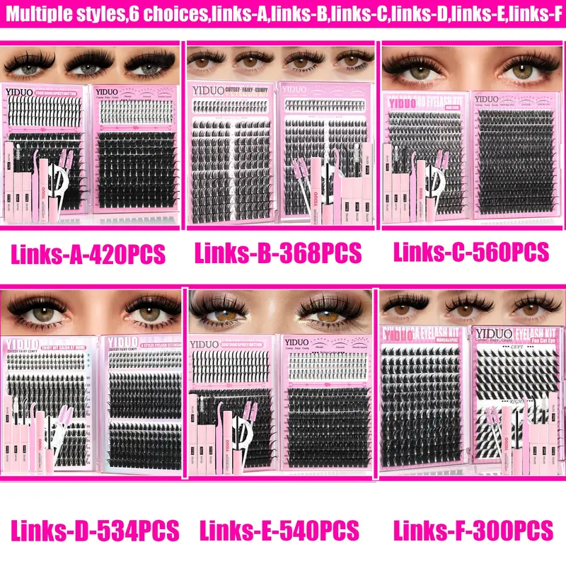 4-6 Styles Eyelash Cluster Kit Bottom/Spiky/40D-300D Volume Kit 5-20mm Volume D-Curly Eyelash Extensions Kit with Lash Bond and Seal Tweezers Remover Eyelash Brush  DIY at Home Easily Eyelash Extension Set
