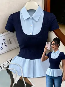 Summer Slim Fit Two-In-One Polo Neck Knitted Short Sleeve T-Shirt, Polo Shirts, Womenswear, Comfortable and Stylish, Casual, Perfect for Daily Wear