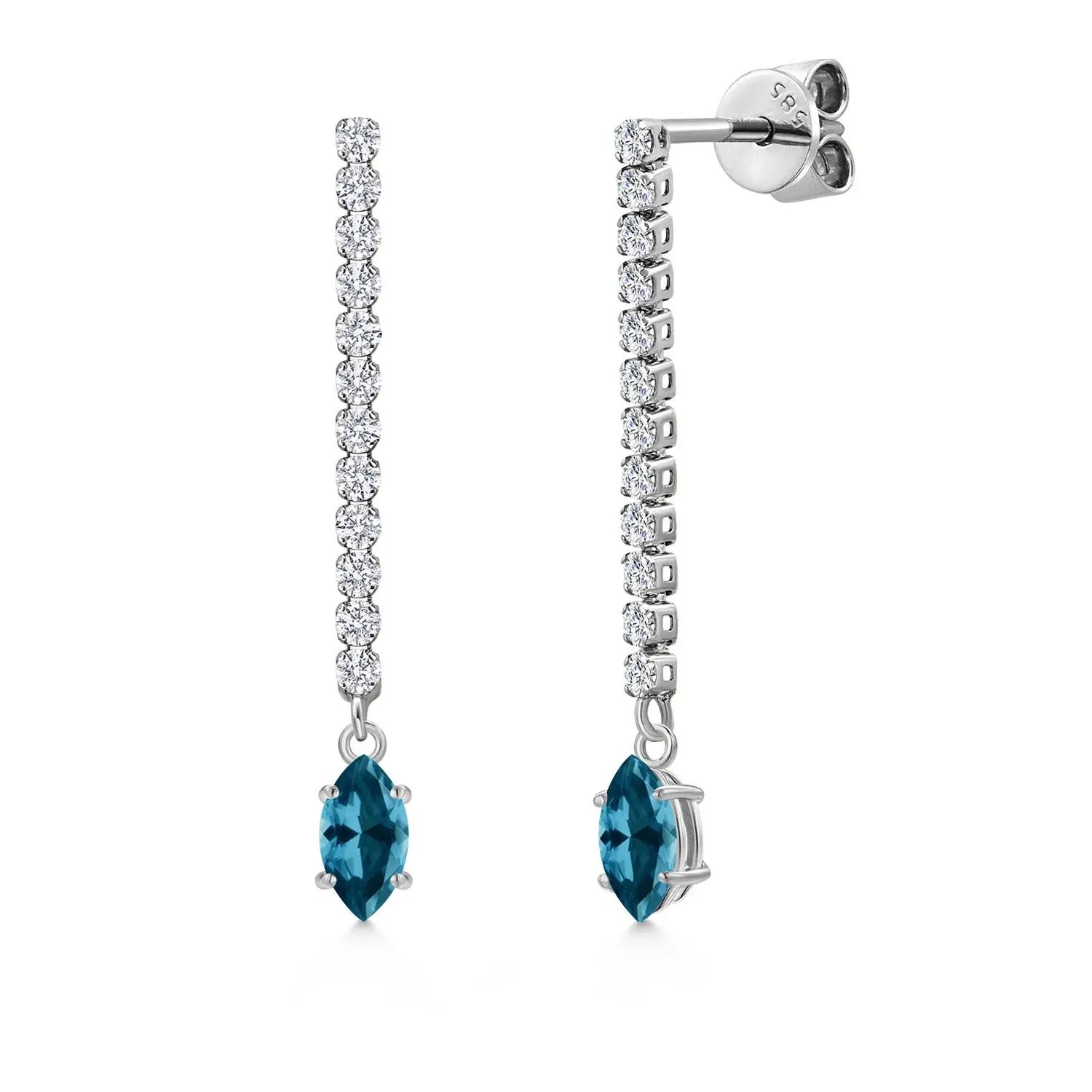 Gem Stone King 14K White Gold Gemstone Birthstone and White Lab Grown Diamond Long Liner Dangle Earrings for Women | Marquise 6X3MM | White Gold Chain Drop Earrings