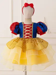 Cartoon Cosplay Costume Fancy Carnival Party Holiday Kids Clothes Princess Sparkling Mesh Bubble Sleeves Puffy Skirt Girls Ball Gown Children Cocktail Dress for all Season 4 to 8 Years