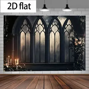 2D Flat 1PC Polyester Banner, Gothic Church Window Scene Theme Design, Featuring Vintage Pointed Arch Window, Candlelight & Dark Floral Elements, Mysterious Dark Style, Indoor and Outdoor Use, Ideal for Halloween Parties, Dark Themed Weddings,
