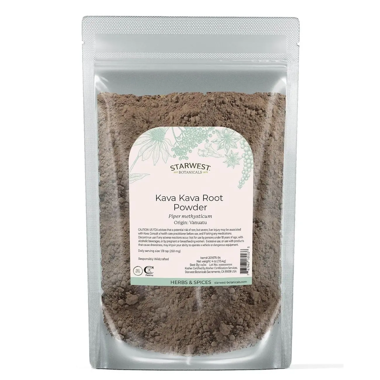 Starwest Botanicals Kava Kava Root Powder - Dried Herb for Tea & Beverages, Promotes Calm, Natural Piper Methysticum, Wildcrafted, Finely Ground, Certified Kosher - 4 oz Pouch