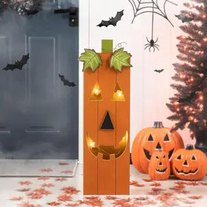 30" H Lighted Halloween Pumpkin Sign for Porch Decor with Timer 6 Hours on /18 Hours off 4 LED Lights Halloween Jack-O-Lantern Wooden Pumpkin Outdoor Decorations Display Sign for Front Door