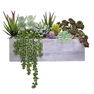 Artificial Potted Succulents Plants Arrangement Fake Succulent Plants in Rectangular Wooden Pot Arrangement for Table Centerpiece Windowsill Greenery Decor