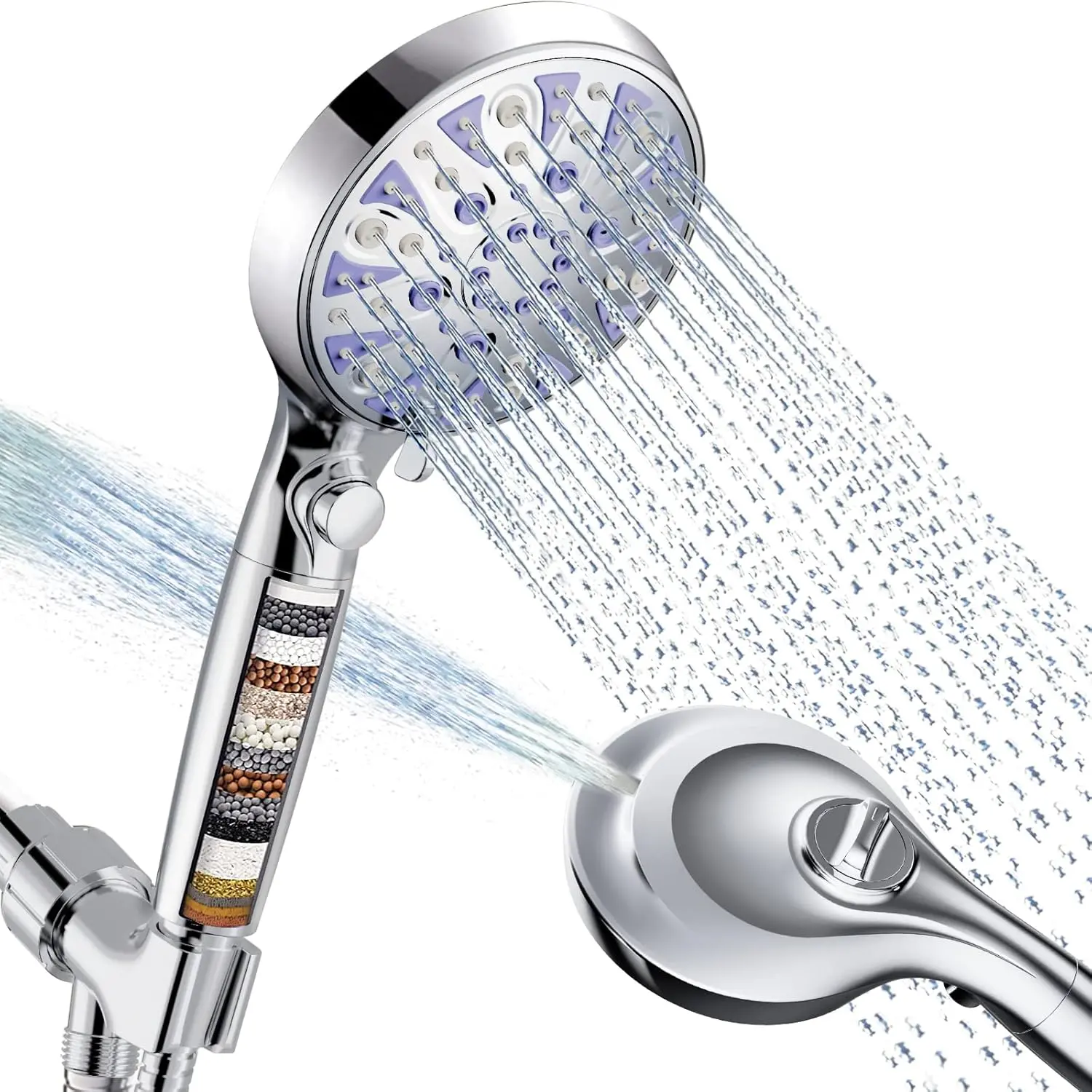 Detachable 10-Mode Handheld Shower Head with ON/OFF Pause, 15-Stage Vitamin C-Activated Carbon-Synthetic Water Softener Filter for Hard Water Chlorine Removal, cUPC & CEC Certified for Family & Adults, Showering