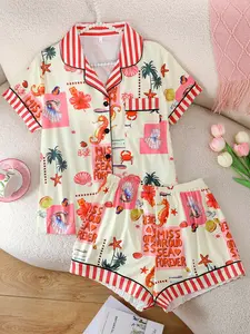 Women's 2-Piece Pajama Set, Matching Pj Set, Casual Short Sleeve Open Front Top & Elastic Shorts, Cartoon Seahorse Print, Comfortable All-Season Sleepwear Loungewear