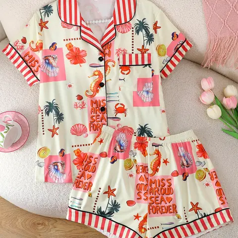 Women's 2-Piece Matching Pajama Set, Casual Short Sleeve Open Front Top & Elastic Shorts, Cartoon Seahorse Animal Print, Comfortable All-Season Sleepwear Loungewear Pjs, Printed Pajama Set