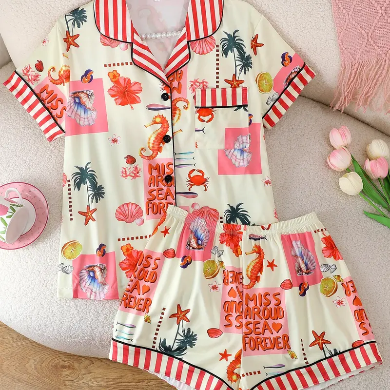 Women's 2-Piece Matching Pajama Set, Casual Short Sleeve Open Front Top & Elastic Shorts, Cartoon Seahorse Animal Print, Comfortable All-Season Sleepwear Loungewear Pjs, Printed Pajama Set