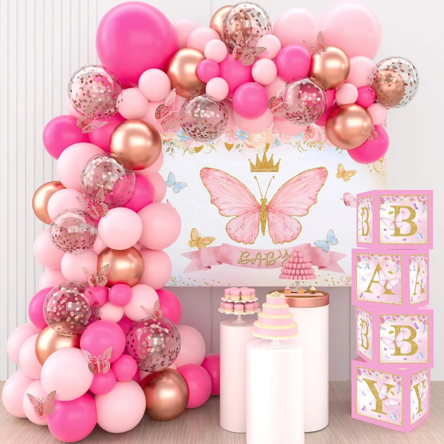 Pink Butterfly Baby Shower Decorations Kit for Girls - Balloon Arch, Baby Boxes, Backdrop for Butterfly-Themed Birthday Party Supplies, Butterflies