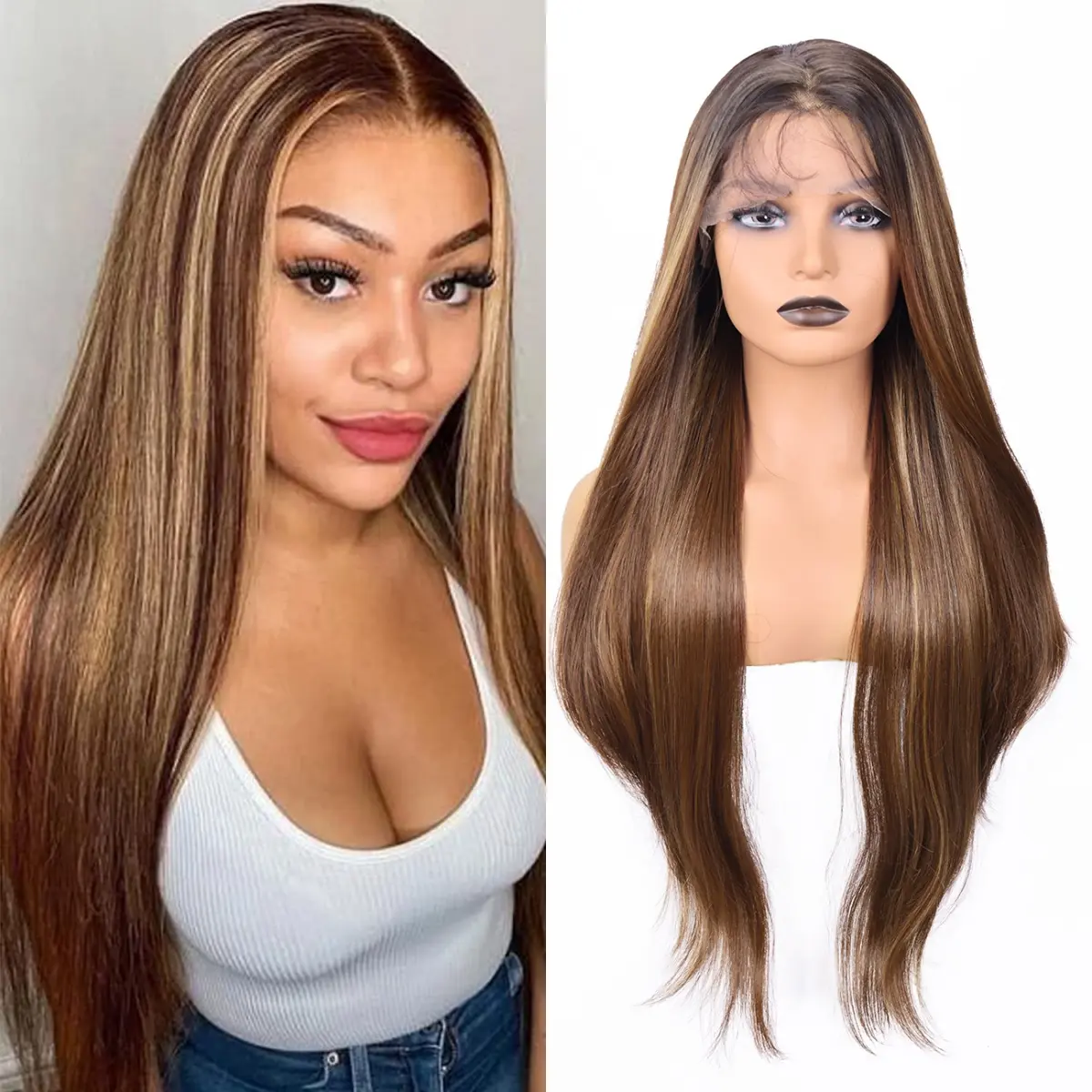 13x4 Preplucked Highlight Lace Front Wig, 34 Inch Long Straight Synthetic Hair, Heat Resistant Fiber for Daily Use
