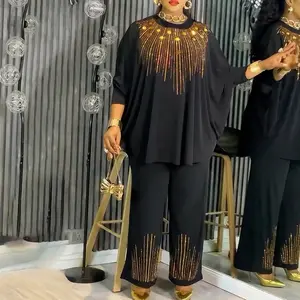 ChicMe Women's 2 Pieces Outfit Round Neck Batwing Sleeve Loose Fit Top and Elastic Waist Wide Leg Pants Set Casual Golden Rhinestone & Sequin Decor Set