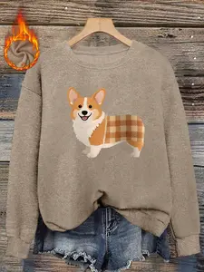 Cute Corgi Print Faux Fur Round Neck Top, Plaid Checkered Texture Decoration, Soft and Skin-Friendly, Casual Lazy Cure-All Fitted Pullover Sweater